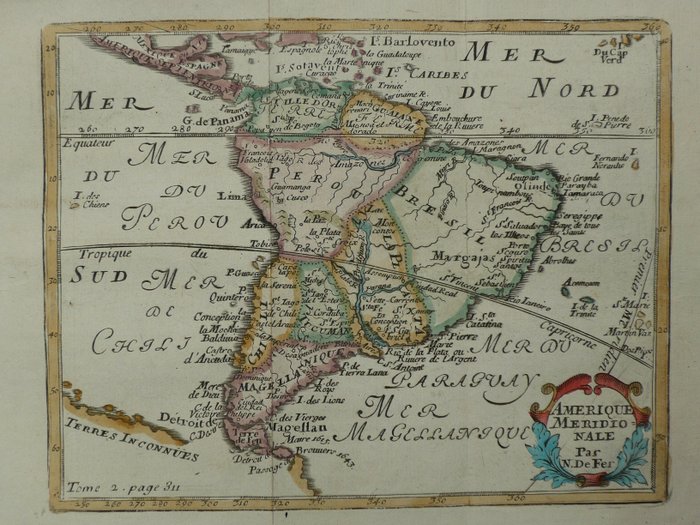 Amerika, Kart - Sør-Amerika / Brasil / Argentina / Chili / Peru; Liebaux - Amerique meridionale - 1721-1750