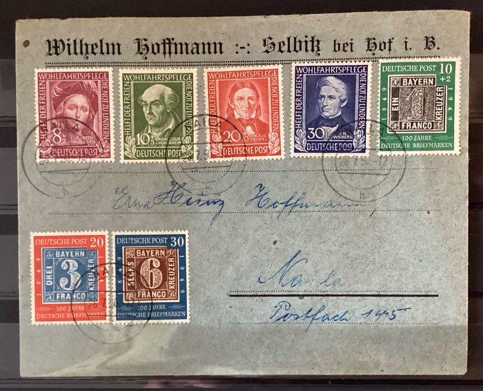 Duitsland, Bondsrepubliek  - BUNDESPOST; Mi. 113/115 en 117/120 samen op een echte gebruikte letter.