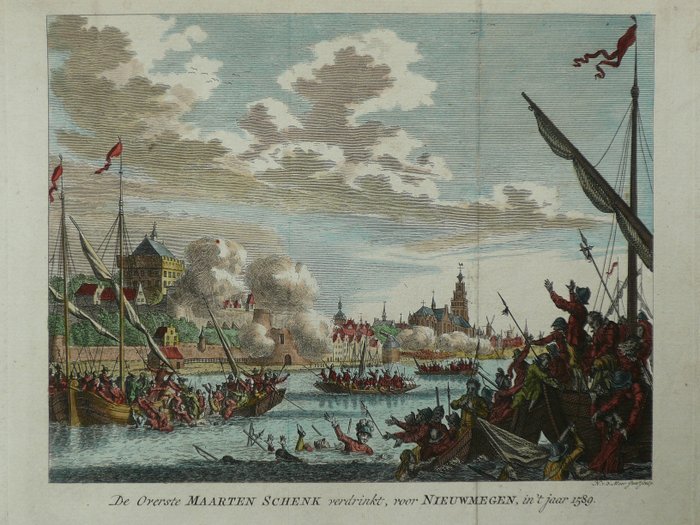 Alankomaat, Asemakaava - Nijmegen; Isaac Tirion - De Overste Maarten Schenk verdrinkt voor Nieuwmegen - 1761-1780