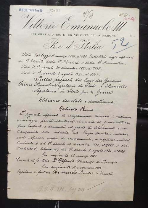 Mussolini Benito / Vittorio Emanuele III Savoy King of Italy - Italia - Autograph Decree - 1927