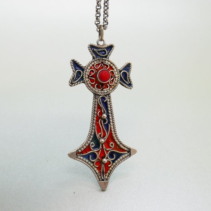 Ohne Mindestpreis - Tunesia 1905-1942 - XL Cross - Halskette mit Anhänger Silber 