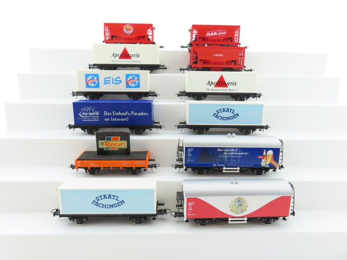 Roco H0 - Model train freight carriage (12) - 12x 2-axle freight wagon including container carrier wagon with load and print "Scholler Eis" - DB