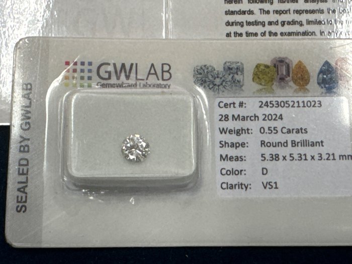 1 pcs 钻石 - 0.55 ct - 圆形 - D - VS1 轻微内含一级, No reserve price