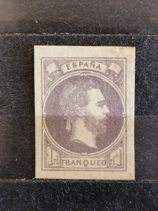 西班牙 1874 - 查理七世。 1 皇家紫罗兰。巨大的利润。标记为A.罗伊格。