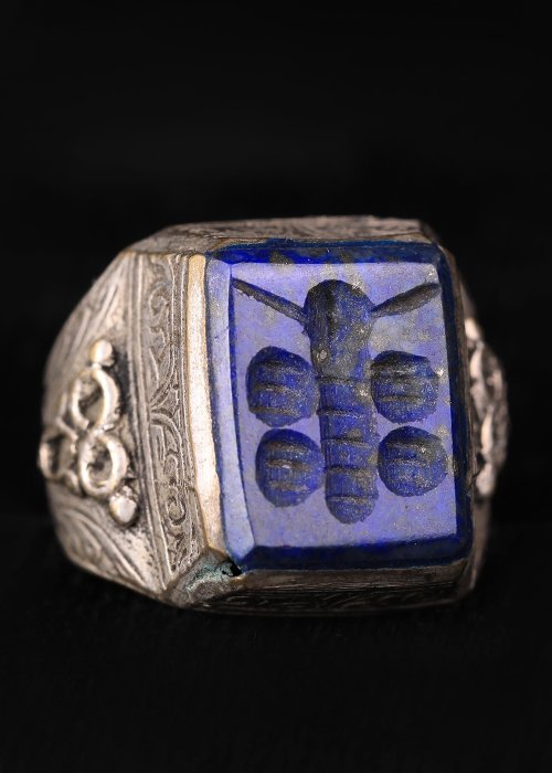 Oszmán Birodalom Ezüst-fém Lapis Lazuli Intaglio gyűrű rovarral  (Nincs minimálár)