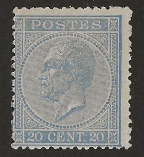 比利时 1867 - 20c 天蓝色 - 利奥波德一世侧面 - t15 - OBP/COB 18Aa