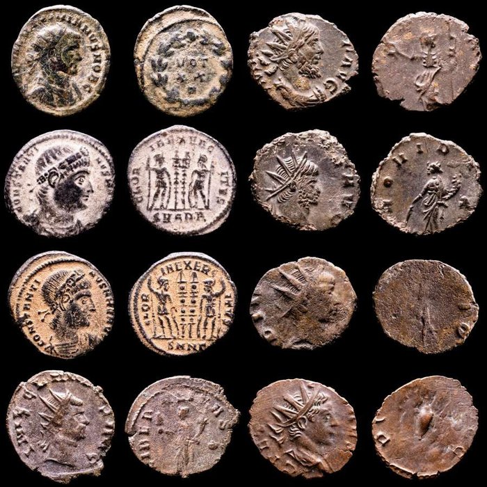 Rooman imperiumi. Lot comprising eight (8) AE coins:  Antoninianus, Follis, Maiorinas. Antoninianus, Follis, Maiorinas. Maximianus, Victorinus, Constantine I (2), Gallienus, Claudius II (2) & Tetricus II  (Ei pohjahintaa)