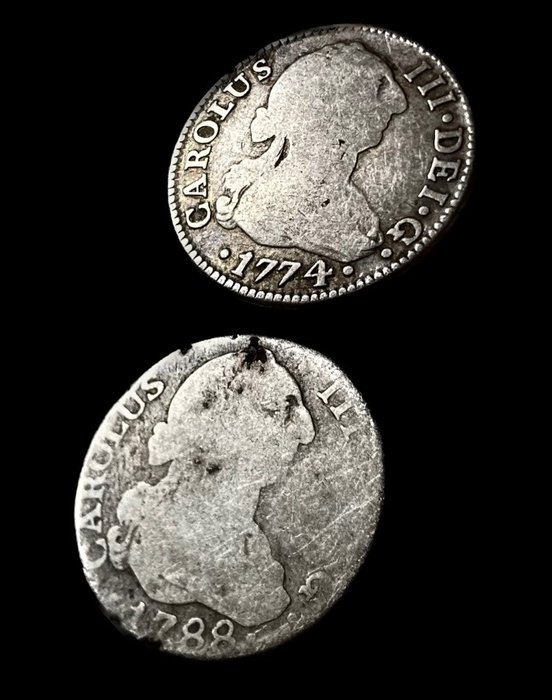 Spanien. Carlos III (1759-1788). 2 Reales 1774 Sevilla CF y 1788 Madrid M  (2 monedas)  (Ingen mindstepris)