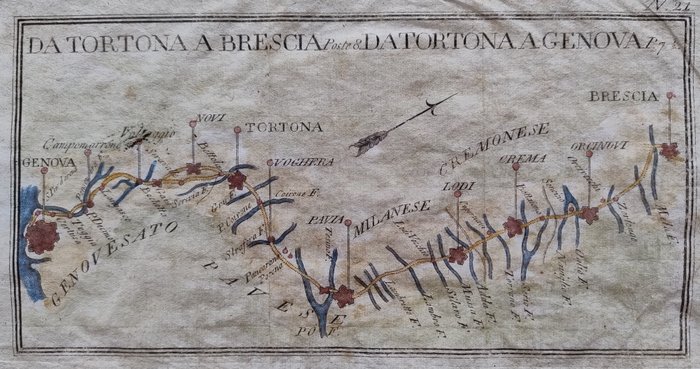 Eurooppa, Kartta - Italia / Liguria / Genova / PIemonte / Tortona / Lombardia / Pavia / Brescia; Barbieri - Da Tortona a Brescia Poste 8 Da Tortona a Genova P. 7 1/2 - 1761-1780