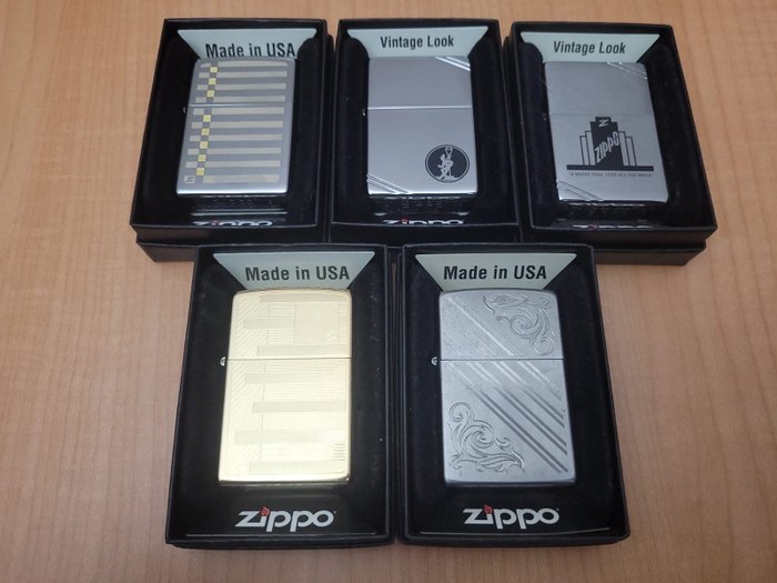Zippo - Lote encendedores zippo - Pocket lighter - Brass, Steel (stainless) -  (5)