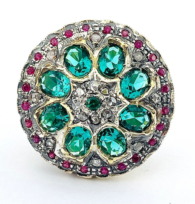 No Reserve Price - Ring - 9 kt. Silver, Yellow gold Emerald - Mixed gemstones 