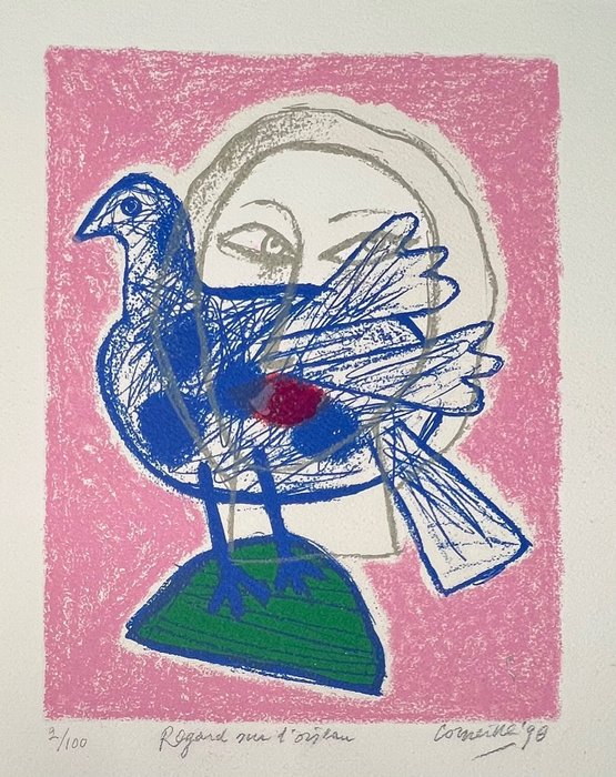 Corneille (1922-2010) - Sérigraphie originale signée : Regard sur l'oiseau 1998