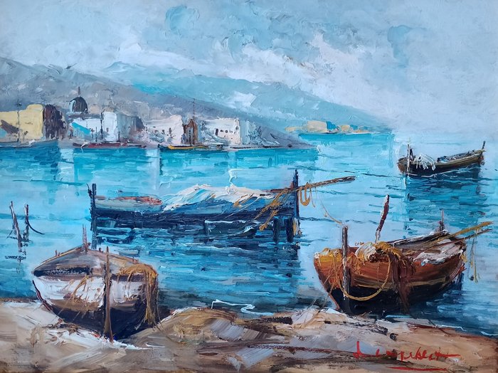 L. Capelletti (XX) - Paesaggio della Costiera Amalfitana con barche