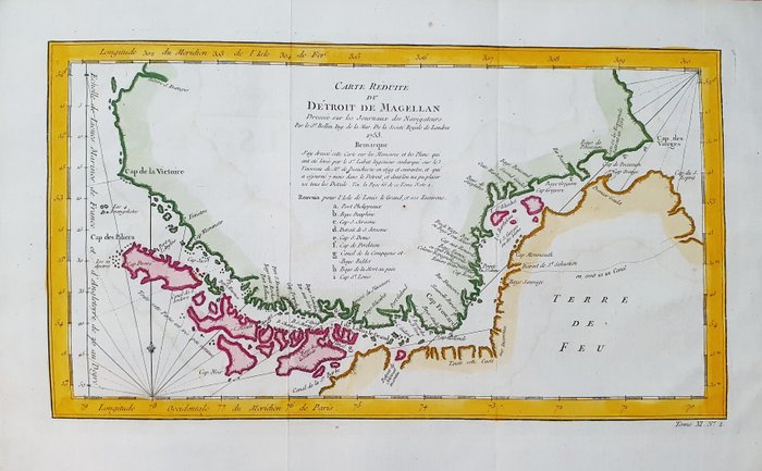 America, Mapa - América del Sur / Argentina / Estrecho de Magallanes / Patagonia / Chile / Tierra del Fuego; La Haye, P. de Hondt / J.N. Bellin / A.F. Prevost - Carte Reduite du Detroit de Magellan - 1721-1750