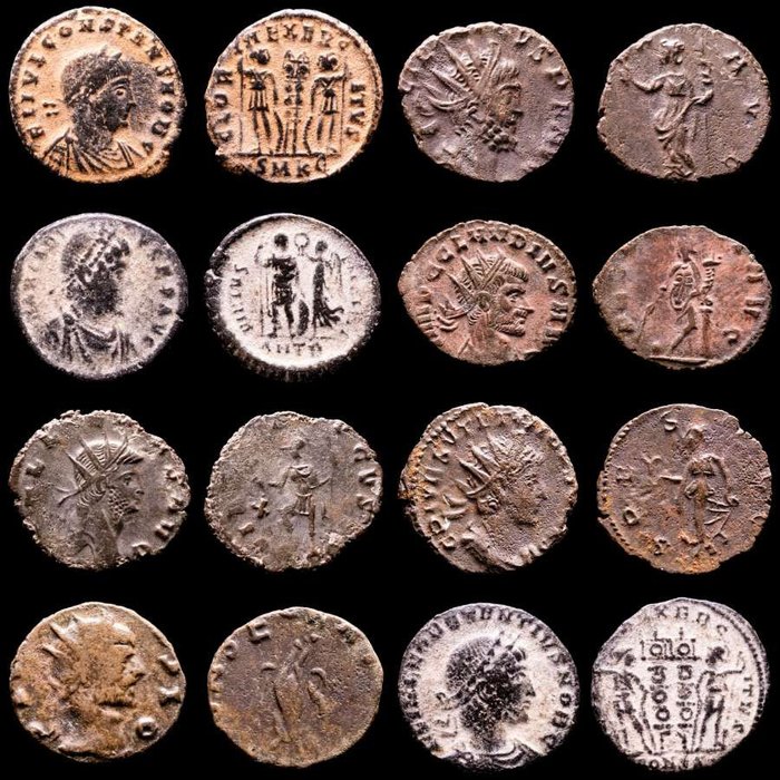Roman Empire. Lot comprising eight (8) AE coins:  Antoninianus, Follis, Maiorinas. Antoninianus, Follis, Maiorinas. Constans, Tetricus I, Arcadius, Claudius II (2), Gallienus, Tetricus II & Constantius II  (Ingen reservasjonspris)