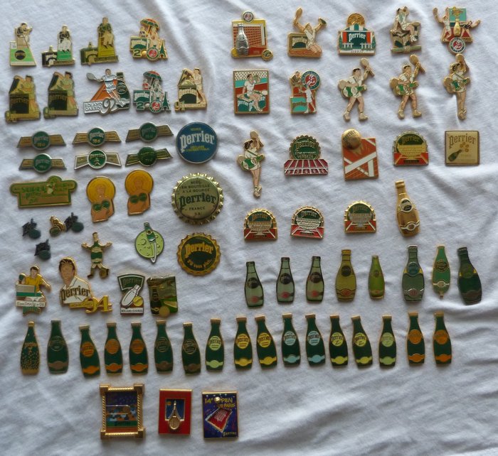 Ansteckpin Pins der Fa. Perrier alles unterschidliche Sammlerstücke (ohne Gegenstücke auf der Rückseite) - Frankreich - 20. Jahrhundert - spät