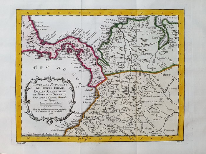 América, Mapa - América do Sul / Venezuela / Panamá / Nova Granada / Colômbia; P. de Hondt / J.N. Bellin / A.F. Prevost - Carte des Provinces de Tierra Firme, Darien, Cartagene, et Nouvelle Grenade - 1721-1750