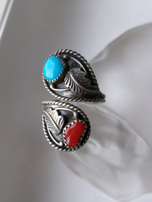 Ohne Mindestpreis - Navajo Art - Ring Silber Türkis - Koralle 