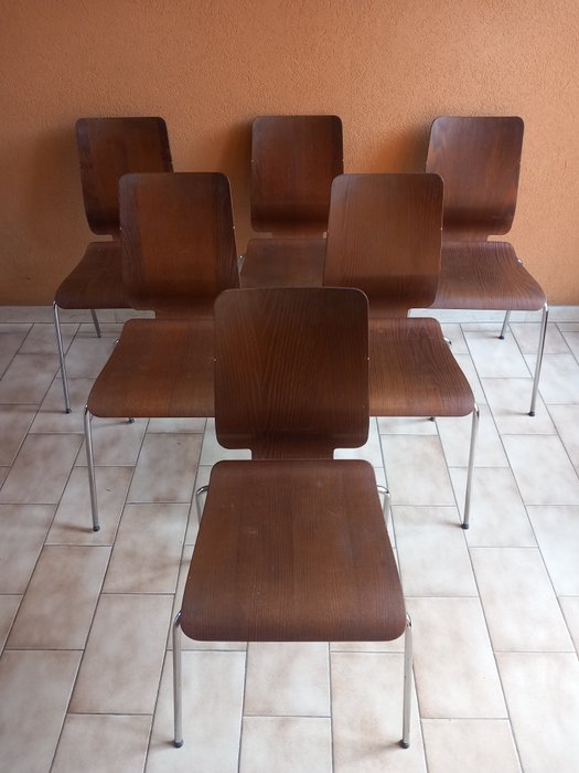 椅 - 六把椅子，橡木膠合板，腿部鍍鉻