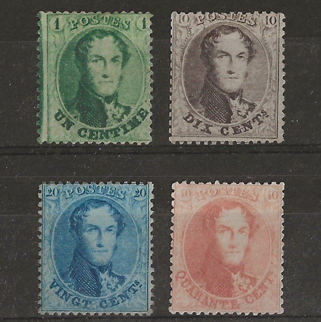 比利時 1865 - 全套鋸齒狀獎章 t14½：1c 綠色、10c 棕色、20c 藍色、40c 胭脂紅 - OBP/COB 13B/16B