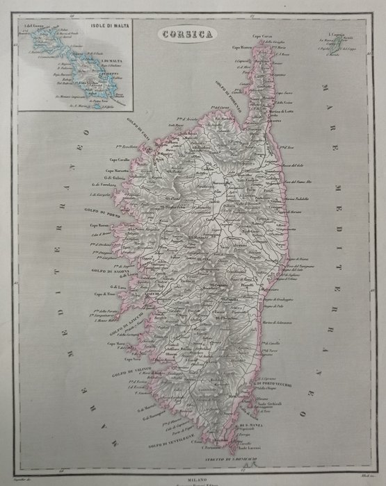 Europa, Hartă - Franța / Corsica / Malta; P. Allodi - Corsica - 1861-1880