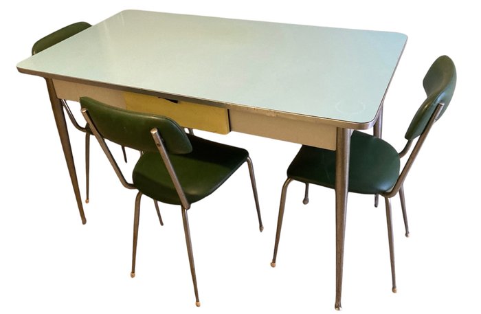 Stol - Sett med bord og tre stoler - tre, formica, med metallben
