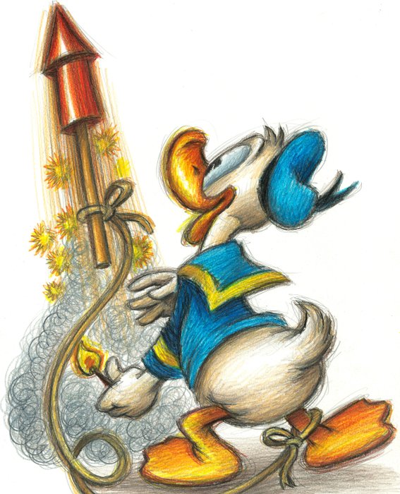 Joan Vizcarra - Donald Duck Playing with Fireworks - Original Drawing - Pencil Art