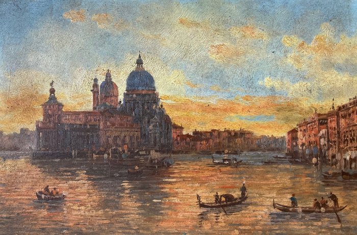 Scuola italiana (XIX-XX) - Veduta di Venezia, Punta della Dogana dal bacino di San Marco con la basilica della Salute