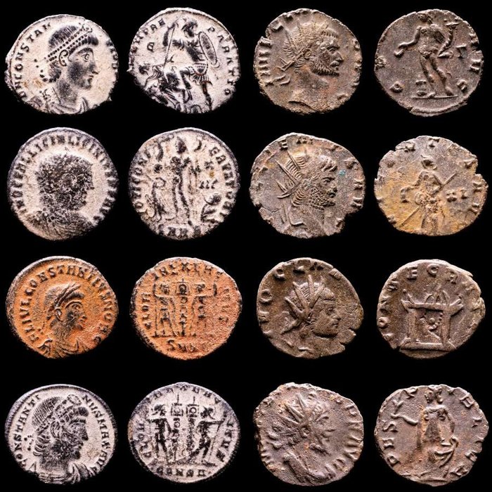 Roman Empire. Lot comprising eight (8) AE coins:  Antoninianus, Follis, Maiorinas. Antoninianus, Follis, Maiorinas. Constantius II (2), Claudius II (2), Licinius I, Gallienus, Constantine I & Tetricus I  (No Reserve Price)