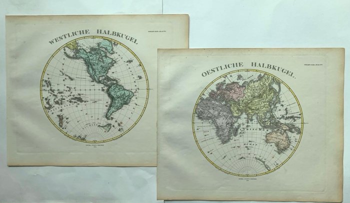 östliche Hemisphäre, Landkarte - westliche Hemisphäre; A. Stieler - Oestliche Halbkugel, Westliche Halbkugel - 1861-1880