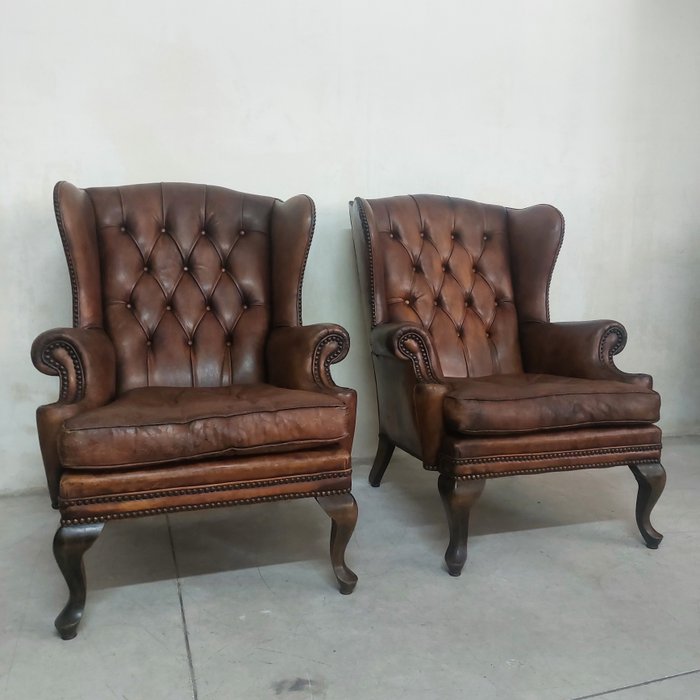 扶手椅子 (2) - 棕色切斯特菲尔德安乐椅扶手椅 - 木, 皮革