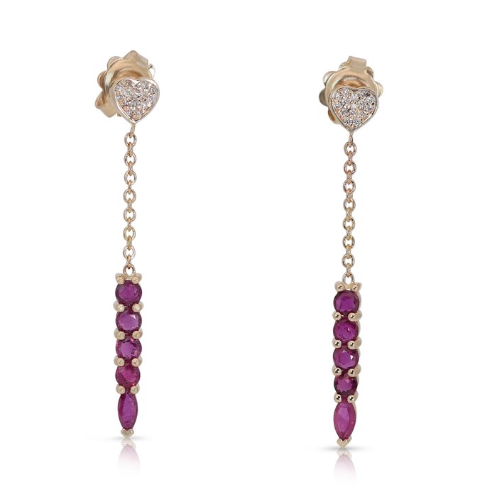 - 1.15 Total Carat Weight - - Earrings - 14 kt. Yellow gold -  1.15 tw. Ruby - Diamond 