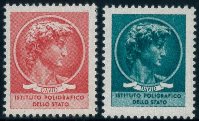 Olasz Köztársaság  - "Dávid feje" esszék 1965-ből, piros és zöld színben. (cert. R. Diena). - Catalogo Unificato n. 11/12