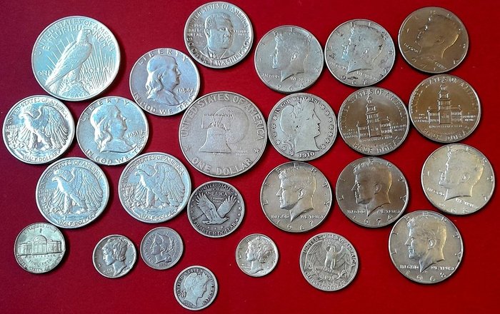 Estados Unidos. Awesome Collection of 25x USA Coins, mainly Silver, includes 3 cent coin, Barber coinage, Silver