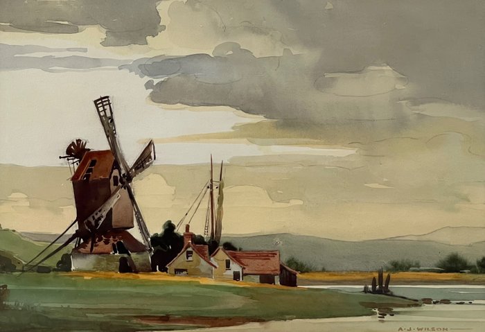 A. J. Wilson (act. 1950-1960) - A windmill on a river landscape