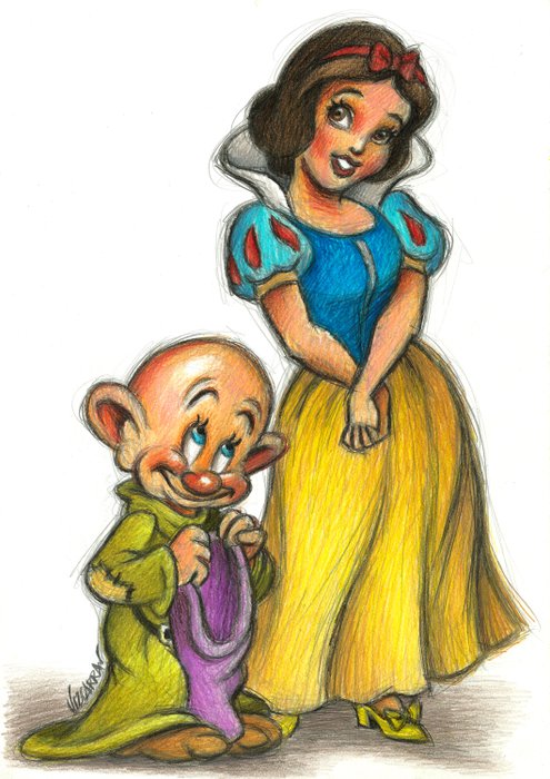 Joan Vizcarra - Snow White & Dopey [Snow White and the Seven Dwarfs] - Original Drawing - Pencil Art