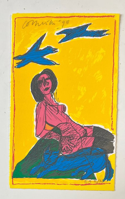 Corneille (1922-2010) - Lithographie  originale signée : Le chat bleu 1998