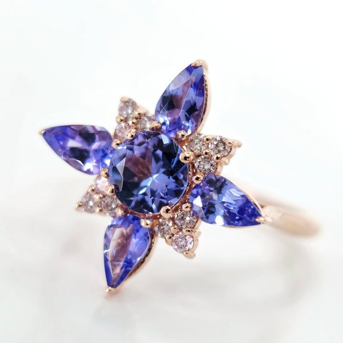 *no reserve* 1.50 ct Blue Tanzanite & 0.15 ct N.Fancy Pink Diamond Ring - 2.18 gr - 14 karat Rosegull - Ring - 1.50 ct Tanzanitt - Diamant