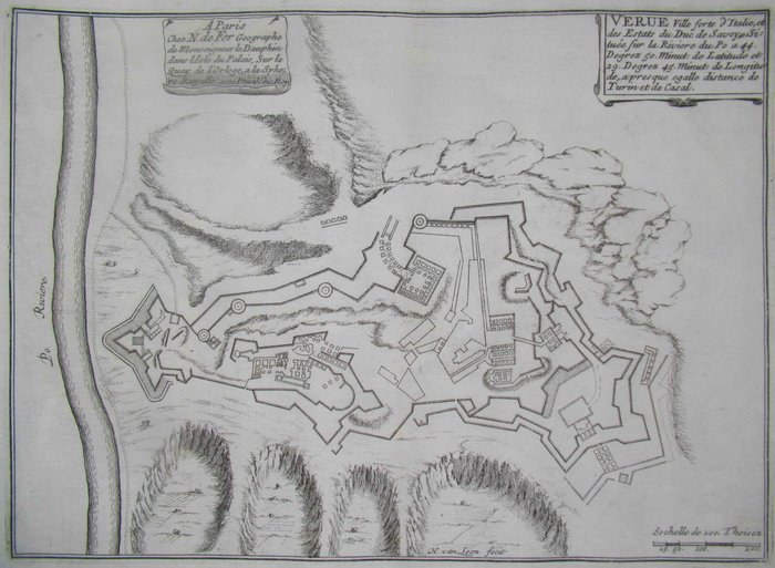 Europa, Mapa - Itália / Verrua / Piemonte; Nicolas de Fer / Harmanaus Von Loon - [Lot of 2 engravings] Verue ville forte d’Italie, et des Estats du Duc de Savoye / Vue de Verue - 1681-1700