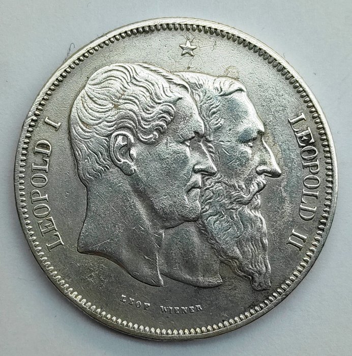 Bélgica. Leopold II (1865-1909). 5 Francs 1880 zeldzame variant met 14 stralen  (Sin Precio de Reserva)