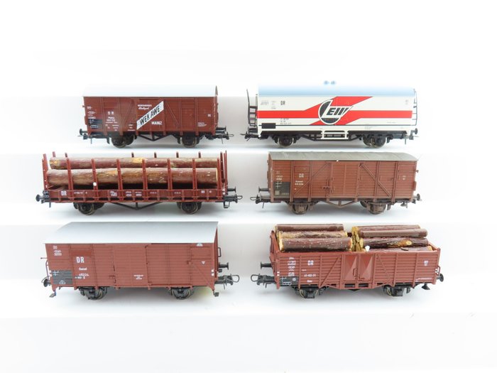 Roco H0 - o.a. 47711/46692/46045 - Modellbahn-Güterwagen (6) - 6x 2-achsiger Güterwagen, darunter ein gedeckter Wagen mit „LEW“-Aufdruck - DR (DRB)