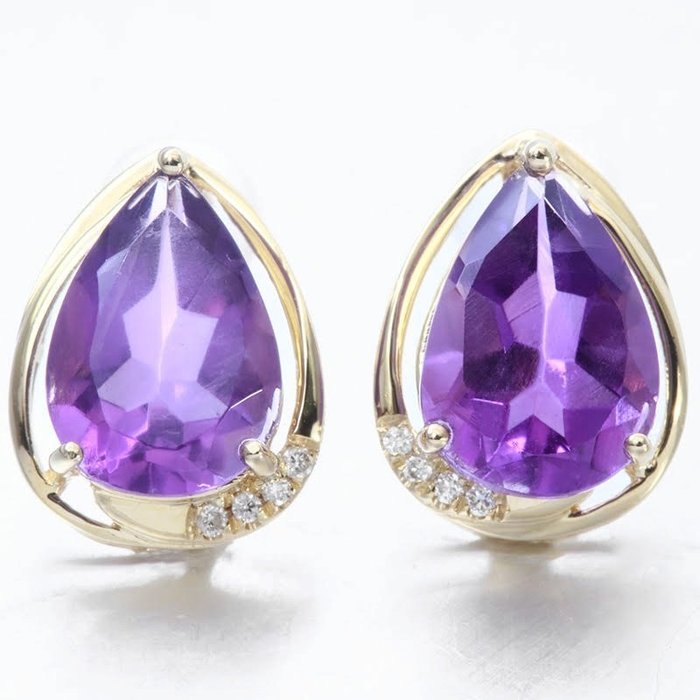 耳环 - 14K包金 黄金 紫水晶 - 钻石 