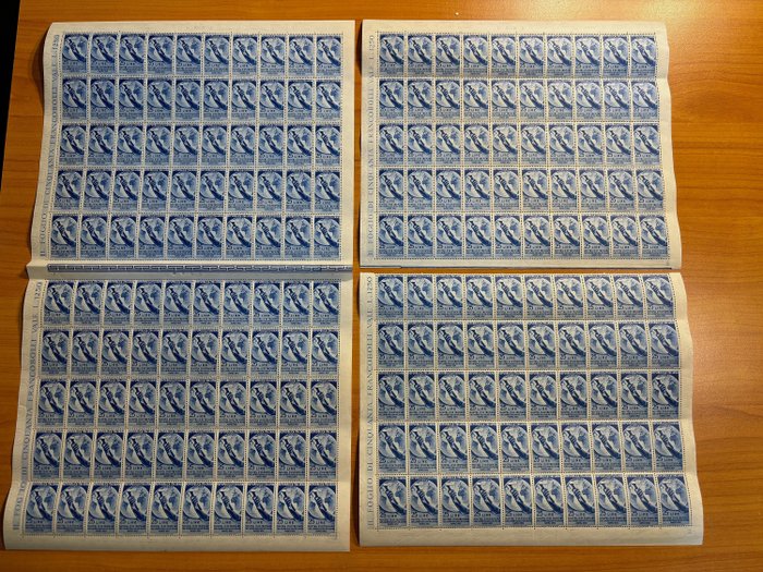 Republika Włoska 1952 - Wystawa zagraniczna. 200 znaczków w 4 ćwiartkach (2 podwójne pełne arkusze). Odmiany przeniesione - Sassone 691