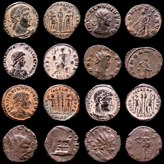 罗马帝国. Lot comprising eight (8) AE coins:  Antoninianus, Follis, Maiorinas. Antoninianus, Follis, Maiorinas. Constantine I (2), Claudius II (2), Valentinianus II, Gallienus, Constantius II & Tetricus II  (没有保留价)