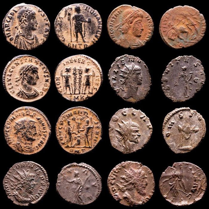 Roman Empire. Lot comprising eight (8) AE coins:  Antoninianus, Follis, Maiorinas. Antoninianus, Follis, Maiorinas. Arcadius, Constantius II (2), Gallienus, Claudius II, Maximianus & Victorinus (2)  (Ingen reservasjonspris)
