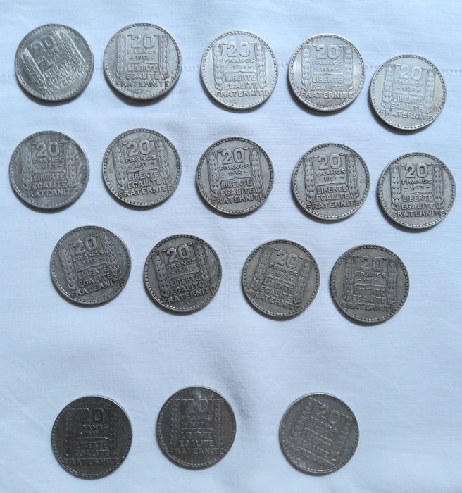 France. 20 Francs 1929/1938 Turin (lot de 17 monnaies en argent)