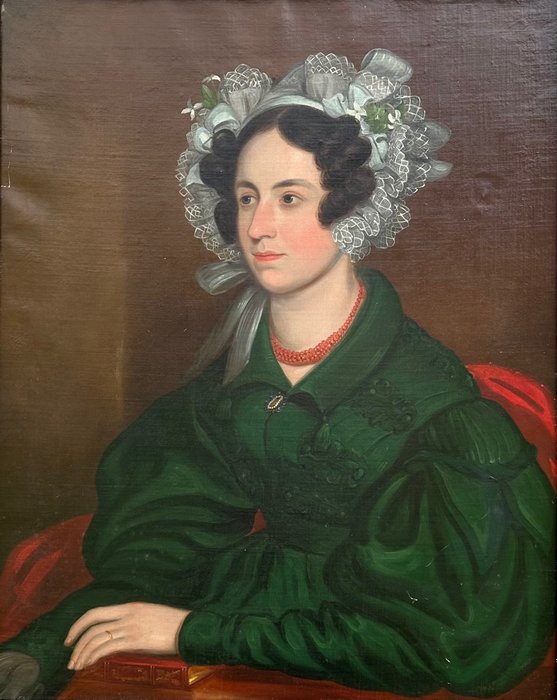 English School (XIX) - A portrait of a lady with an elaborate bonnet