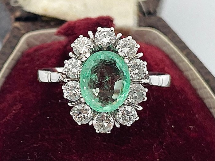 Anello - 18 carati Oro bianco Smeraldo - Diamante