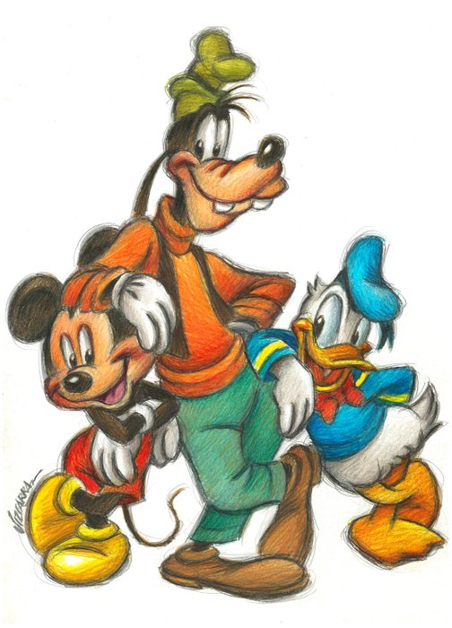 Joan Vizcarra - Disney Friends - Mickey, Donald & Goofy - Original Drawing - Colored Pencils