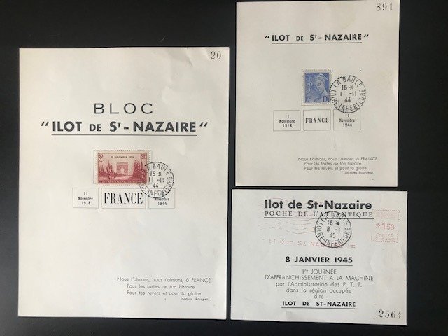 Francia 1944 - Raro conjunto de 3 bloques conmemorativos "Ilot de St Nazaire", incluida la variante nº 9 con YT 403 - Mayer N° 8 , 9 & 10